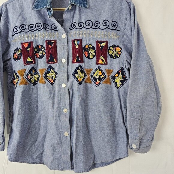Jane Ashley Button Up Shirt Womens Medium Blue Denim Embroidered Cotton Y2K - Picture 8 of 10